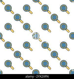 Earth Globe inside Magnifying glass vector Magnifier concept blue seamless pattern Stock Vector