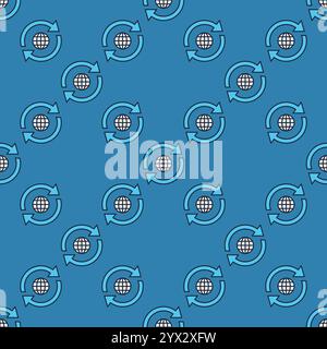 Small Earth Globe inside Two Arrows vector World concept blue seamless pattern Stock Vector