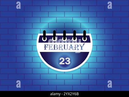 February 23 calendar sign on blue neon brick wall background. Flat design style. Date, day and month. Vector illustration. Stock Vector