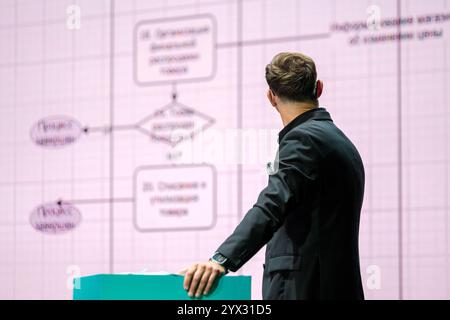 Person in formal attire presenting complex infographic or flowchart on a projected screen during business presentation. Symbolizes data analysis, corporate communication and effective digital Stock Photo