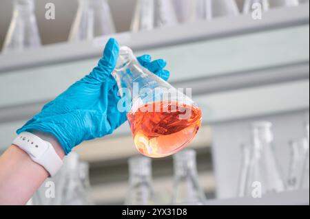 Scientist in a laboratory holding a conical flask containing orange liquid while wearing blue protective gloves Stock Photo