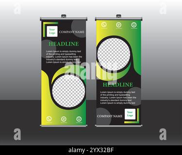 Roll up brochure flyer banner design template vector, abstract background, modern x-banner, rectangle size. Green roll up banner Stock Vector