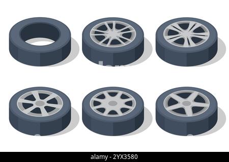 Isometric car wheels. Wheel and tire installation services. Transportation solutions, tire maintenance, and computerized balancing equipment. Stock Vector