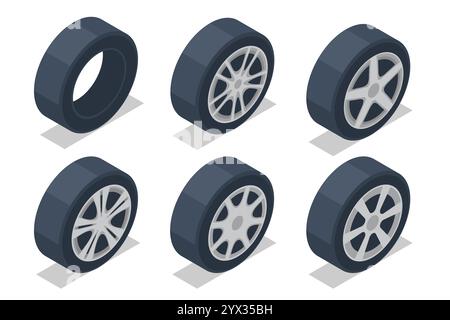 Isometric car wheels. Wheel and tire installation services. Transportation solutions, tire maintenance, and computerized balancing equipment. Stock Vector