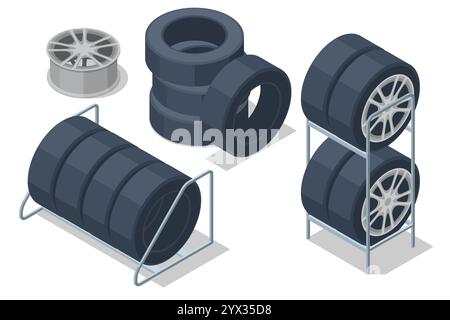 Isometric car wheels. Wheel and tire installation services. Transportation solutions, tire maintenance, and computerized balancing equipment. Stock Vector