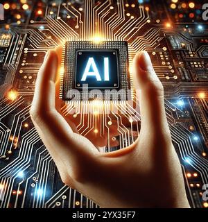 hand holds a glowing AI microchip, symbolizing human control over artificial intelligence and advanced technology. The background features complex Stock Photo