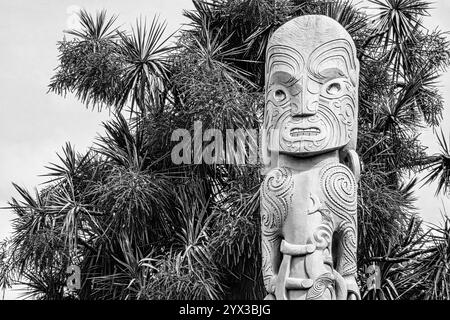 Ngai Tahu Maori Statue in black and white, Christchurch, Canterbury, New Zeland Stock Photo