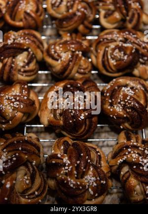 Swedish kanelbullar cooling on a wire rack, home baking scene Stock Photo