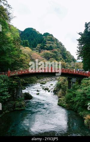 The Shinkyo Bridge crosses a river in Nikko, Japan. Stock Photo