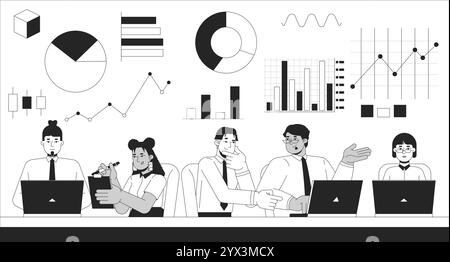 Teamwork data analytics black and white 2D illustration concept Stock Vector