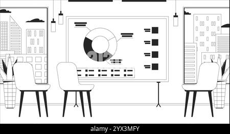 Empty lecture room charts presentation board black and white line illustration Stock Vector