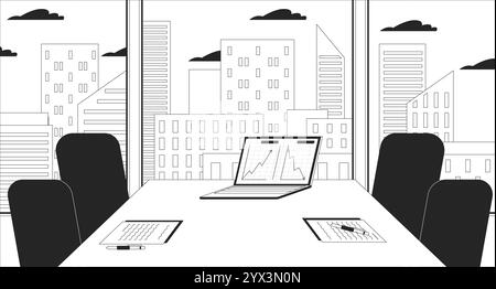 Empty meeting room table charts laptop black and white line illustration Stock Vector