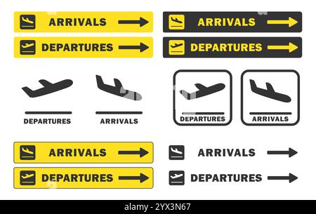 Take off and landing Plane icon symbol set. Arrivals, departures Flight transport sign logo. Airplane vector image. Travel flat illustration. Isolated Stock Vector