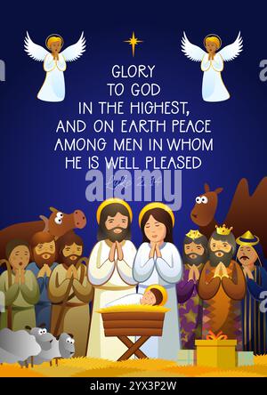Church sermon advertisement, X mas poster, religious banner with nativity scene. Three shepherds and 3 kings, Mother Mary with Joseph. Baby Jesus Stock Vector