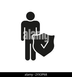 Man with Shield and Check Mark Silhouette Icon. Immunity, Security and Personal Health Protection. Isolated Vector Illustration Stock Vector