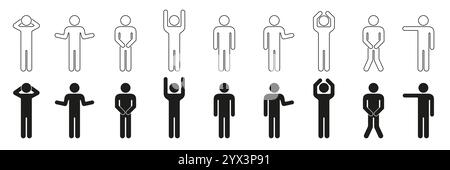 Set of Human Figure Icons in Filled and Outline Styles. Stick Figure Gesture Poses and Expression Line and Solid Collection. Editable Stroke. Isolated Stock Vector