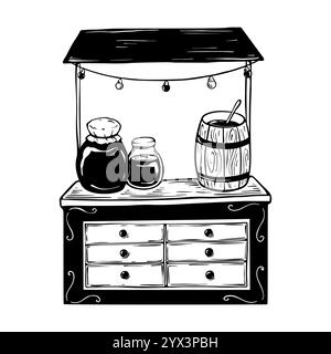 Bee honey seller vendor hand drawn sketch vector illustration. Farm local market stall. Glass jar, barrel, counter hand drawn doodle drawing. Stock Vector