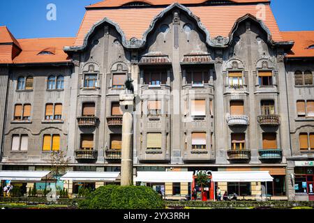 The Dauerbach Palace is a historic building , built in 1913 in Art Nouveau style for Georg Dauerbach. It is situated in the center of Timișoara, Roman Stock Photo