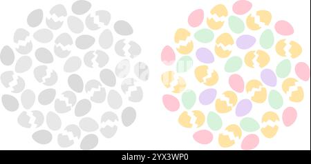 Eggs and cracked eggshell Circle Background texture in grayscale and trendy soft shades. Ester fond. Isolated Vector illustration Thematic card, leaflet, posters, price tag, label or web promo banner Stock Vector