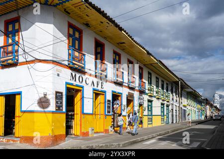 July 12, 2023: Colorful Mocafe Building Facade In Filandia, Colombia Stock Photo