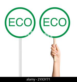 Set of ECO sign with a pole and in a person’s hand on a blank background. Ideal for eco-friendly, sustainability, or environmental designs. Stock Photo