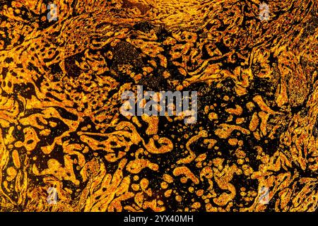 Abstract gold background, gold drops on black background, gold splashing and bubbling Stock Photo