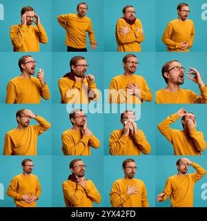 Mosaic made of portraits sick, feels badly man suffering from rainy nose and cough against vibrant yellow studio background. Symptoms and treatment. Stock Photo