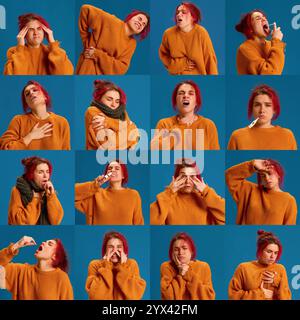 Portrait of young attractive woman posing against blue studio background as she feels sick, ill. Collage of symptoms and treatments. Stock Photo