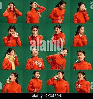 Portrait of young Asian woman posing against green studio background as she feels badly, sick, ill. Collage of symptoms and treatments. Stock Photo