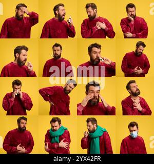 Collage made of portraits sick, feels badly man suffering from rainy nose and cough against vibrant yellow studio background. Symptoms and treatment. Stock Photo