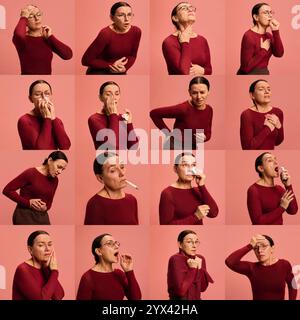 Portrait of senior woman, pensioner feels bad, sick posing against pastel studio background. Collage of symptoms and treatments. Stock Photo