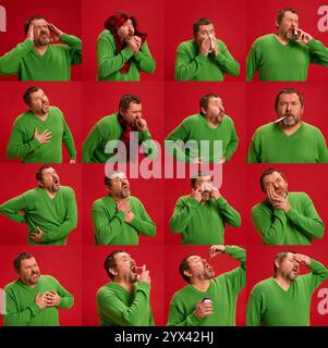 Portrait of mature man feels bad, sick posing against vibrant red studio background. Collage of symptoms and treatments. Stock Photo