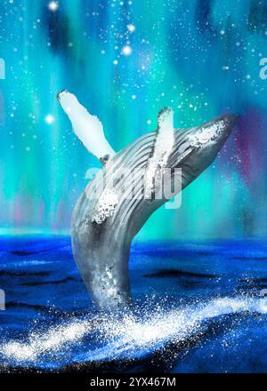 Ready-made postcard with big humpback whale in the ocean. Aurora. Iceland seascape. Hand-drawn watercolor illustration. Stock Photo