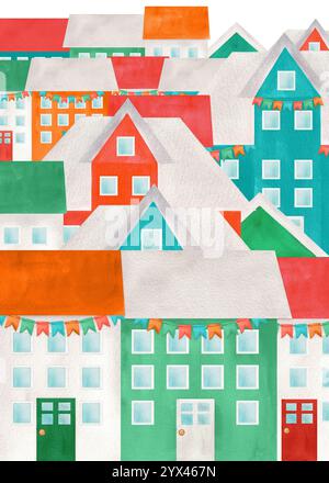 Ready-made postcard design. Northern colorful houses background. Hand-drawn watercolor illustration. Stock Photo