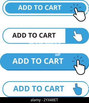 White and blue add to cart button with a hand clicking on a white background Stock Vector