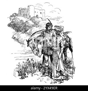 'Dear Robin, We Must Not Tarry Longer', 1932. Marian '...beheld Robin coming towards her, his face alight with joy. &quot;Robin, is it really you?&quot; she cried, and for answer was enfolded tenderly in those strong arms. &quot;There are times when stolen pleasures are very sweet&quot;, said Robin at length...&quot;Yes&quot;, she returned, smiling, &quot;but like all thieves we must beware of being caught; if father happened upon us he would scarce credit that the meeting was accidental...we must not tarry longer&quot;.' From &quot;Robin Hood and His Life in the Merry Greenwood&quot;, by Rose Stock Photo