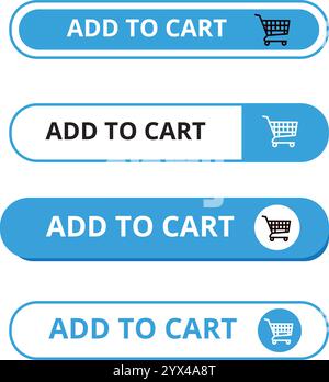 White and blue add to cart button with a shopping cart on a white background Stock Vector