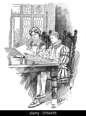 'It Is Pleasant To Think Of [Sir Philip Sidney] Working Quietly With His Lovely Sister In His Glorious Retreat', c1929. 'Sidney solaced his leisure, at Penshurst, by writing, in conjunction with his sister, afterwards the famous Countess of Pembroke, a metrical version of the Book of Psalms; and it was here, doubtless at this time, that his &quot;Arcadia&quot; was begun. It Is pleasant to think of him working quietly with his lovely sister in his glorious retreat amidst the natural beauty he loved so much'. From &quot;Heroic Deeds of Great Men&quot;, by C. Sheridan Jones and Alfred Miles, illu Stock Photo