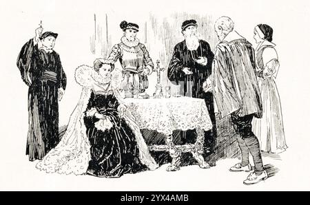 'Mary Queen of Scots taking the Oath', 1925. Illustration of a wax tableau at Madame Tussauds, a wax museum founded in London in 1835 by the French sculptor Marie Tussaud. From &quot;Madame Tussaud's: The Palace of Enchantment&quot; described by Capt. Edric Vredenburg, illustrated by Howard Davie, [Raphael Tuck &amp; Sons Ltd, London, 1925] Stock Photo