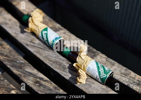 Small empty bottles of Underberg (digestif bitter) left on a wooden bench Stock Photo