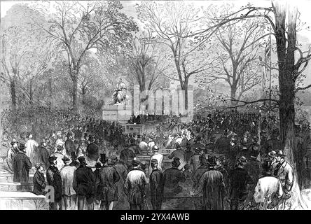 Unveiling of the statue of Sir Walter Scott in Central-Park, New York, 1872. '...the Scotchmen in New York resolved to have a monument of their illustrious countryman put up in the Central Park. They ordered a duplicate of the well-known colossal statue, by Mr. John Steell, R.S.A...It represents the great historical poet and romance-writer, the modern Homer of North Britain, seated on a rock...behind is a record declaring that the statue is a gift from the Scottish residents in New York, to the city of New York, on the hundredth anniversary of his birth...The ceremony of presenting and unveili Stock Photo