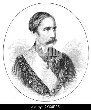 Sir Bartle Frere, K.C.B., G.C.S.I., 1872. Engraving is from a photograph by John Watkins. 'This distinguished public servant, who was five years Governor of the Bombay Presidency, now goes to Zanzibar on a special mission from the British Government, to negotiate for the suppression of the East African slave trade. He is a personal friend of Dr. Livingstone, and a leading member of the Royal Geographical Society...[He] was educated at King Edward VI.'s Grammar School, Bath, and at the East India Company's Civil Service Training College, at Haileybury...In 1812, when Sir George Arthur became Go Stock Photo