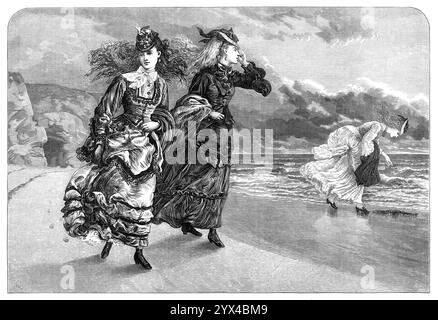 A Breeze after a Bathe, 1872. 'Here we are in the first week of October, and the weather begins to be chilly; but it is only a few weeks since the seashore, at many places of our southern, eastern, and western coasts, was haunted every fine morning by a genteel race of Naiads. These Naiads, of course, when they emerged from the waves of old Ocean, would fain become Dryads as soon as they could; and the quickest way of drying their hair was to let it fly loose in the wind, as they walked along the sands, at a rapid pace, to keep the blood flowing in their veins after the cold immersion. Such wa Stock Photo