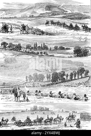 The Autumn Campaign, 1872. Mock battles by the British Army in Wiltshire. 'sham fight on the banks of the river Wiley; Battle of Wishford; Turning southern flank, Wiley; Armstrong battery going past the mysterious fragments of Stonehenge...thousands of people assembled to enjoy the sight...The troops, numbering altogether 30,000 men, had been encamped on Durrington Downs...The Northern Army, that of Sir Robert Walpole, appears, holding the hills in the background, on the opposite side of the valley, above the villages of Codford St. Peter and Codford St. Mary, which are seen to the left hand. Stock Photo