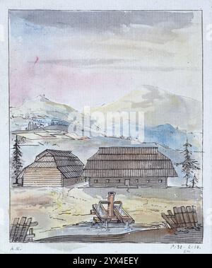 Timber Buildings in the Forests of Southern Germany, 1786. From &quot;Resa til Italien [Travel to Italy], 1780, 1781, 1782. Skrifven 1782 i Stralsund&quot;, by Carl August Ehrensv&#xe4;rd, [Stockholm, 1786]. Stock Photo