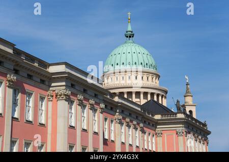 Historic building and magnificent domed building under a cloudless sky, City Palace and State Parliament, St. Nikolai Church, Potsdam, Brandenburg, Ge Stock Photo