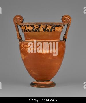 Attic Red-Figure Volute Krater, 480-470 BC.  Additional Info: Scenes from the labors of the Greek hero Herakles encircle the neck of this Athenian red-figure volute-krater. An intense red glaze covers the body of this volute-krater. Coral-red technique, the application of an intentional red surface on a vase, was an unusual process used almost exclusively on cups and small vessels. It may have entailed using a subtly different clay or firing the vase more than once. Its use on a large vase like this krater is extremely rare. Stock Photo
