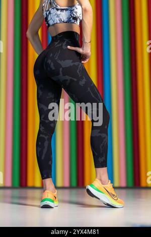 black camouflage leggings, showcasing the unique pattern and texture of the fabric Stock Photo