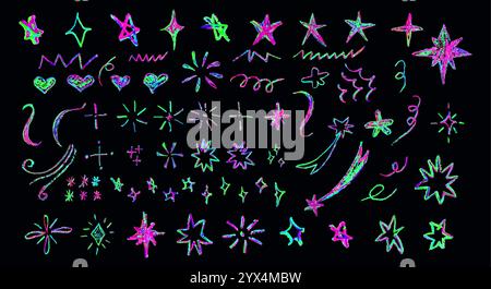 Set of colorful neon chalk drawing elements. Shine or sparkle, hearts and stars doodle collection. Children style rainbow wax pencil handdrawing Stock Vector