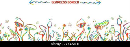 Fantasy mushrooms seamless border. Line art funny floral elements, butterfly. Mushroom sketch wallpaper in 1960s,1970s style in neon green and orange Stock Vector